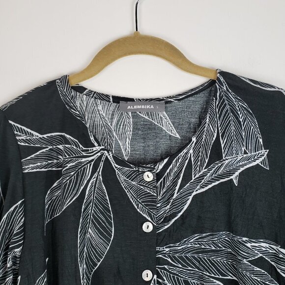 Alembika Tunic Top Black White Leaf Nylon Tiered Ruffle Hem Womens Size Small - Picture 3 of 8
